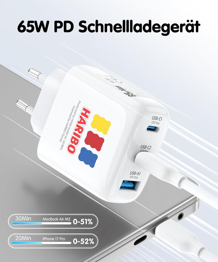 HARIBO USB C Ladegerät 65W 3-Port GaN Schnellladegerät PD/PPS Kompaktes USB-C Netzteil für MacBook P