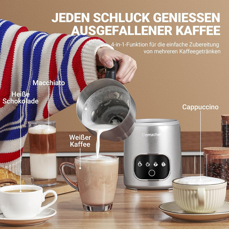 AMZCHEF 4-IN-1 Milchaufschäumer Elektrisch 400ML Milchwärmer mit LED-Touchscreen | 3D-Induktionserwä