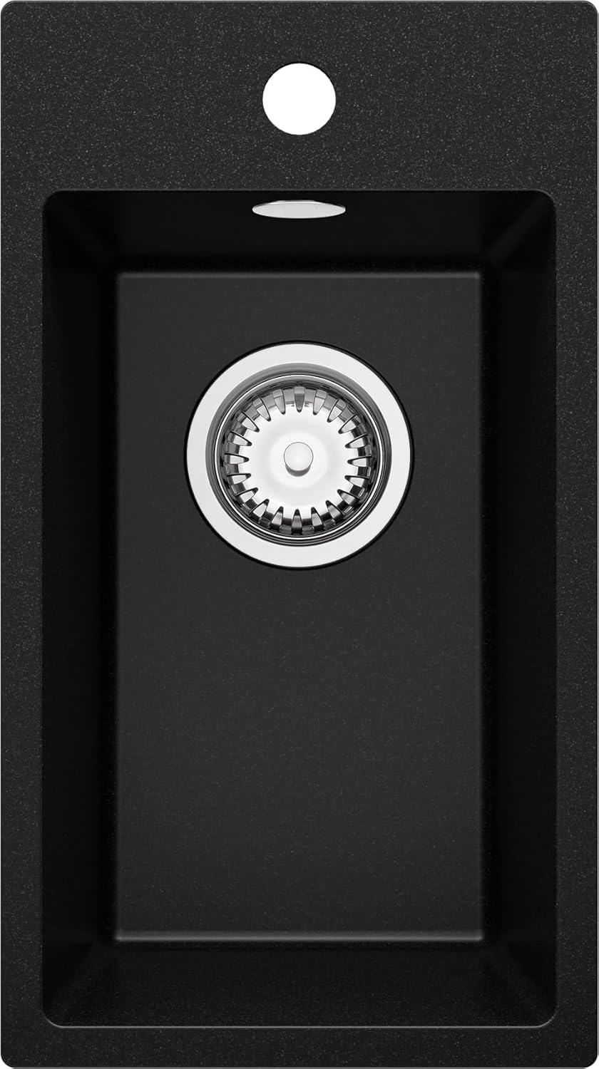 PRIMAGRAN Spülbecken Schwarz 28x50cm, Granitspüle 1 Becken + Ablauf-Set, Küchenspüle ab 30er Untersc