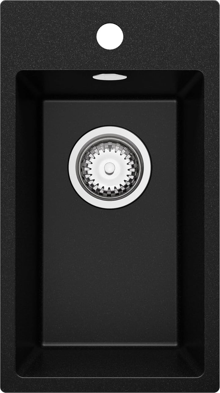 PRIMAGRAN Spülbecken Schwarz 28x50cm, Granitspüle 1 Becken + Ablauf-Set, Küchenspüle ab 30er Untersc
