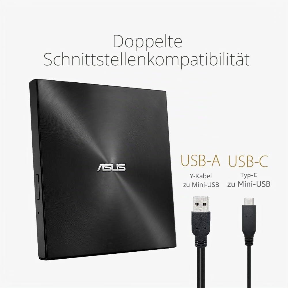 ASUS ZenDrive U9M Schwarz – USB 2.0/USB-C Slim Externer DVD-Brenner Optische Disc 8X Speed Re-Writer
