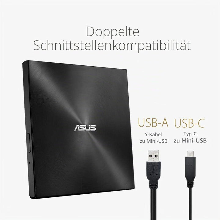 ASUS ZenDrive U9M Schwarz – USB 2.0/USB-C Slim Externer DVD-Brenner Optische Disc 8X Speed Re-Writer
