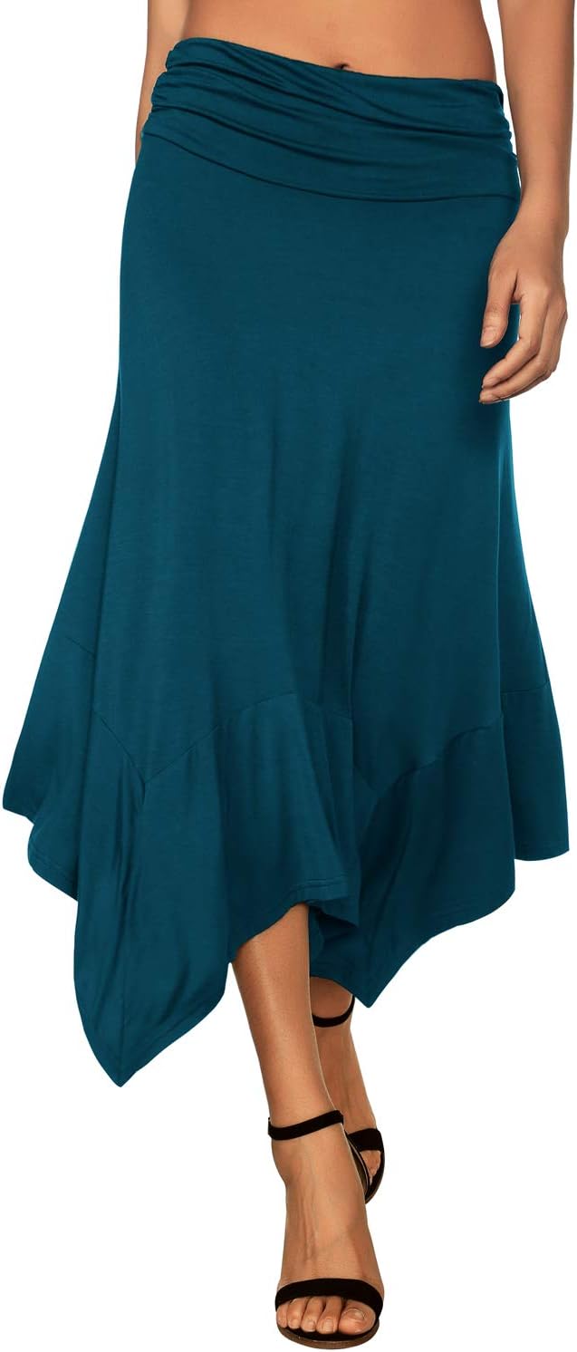 DJT Damen Elegant Elastisch Taille Rock A-Linie Faltenrock Midi Rock mit Taschentuch Saum L Blaugrün