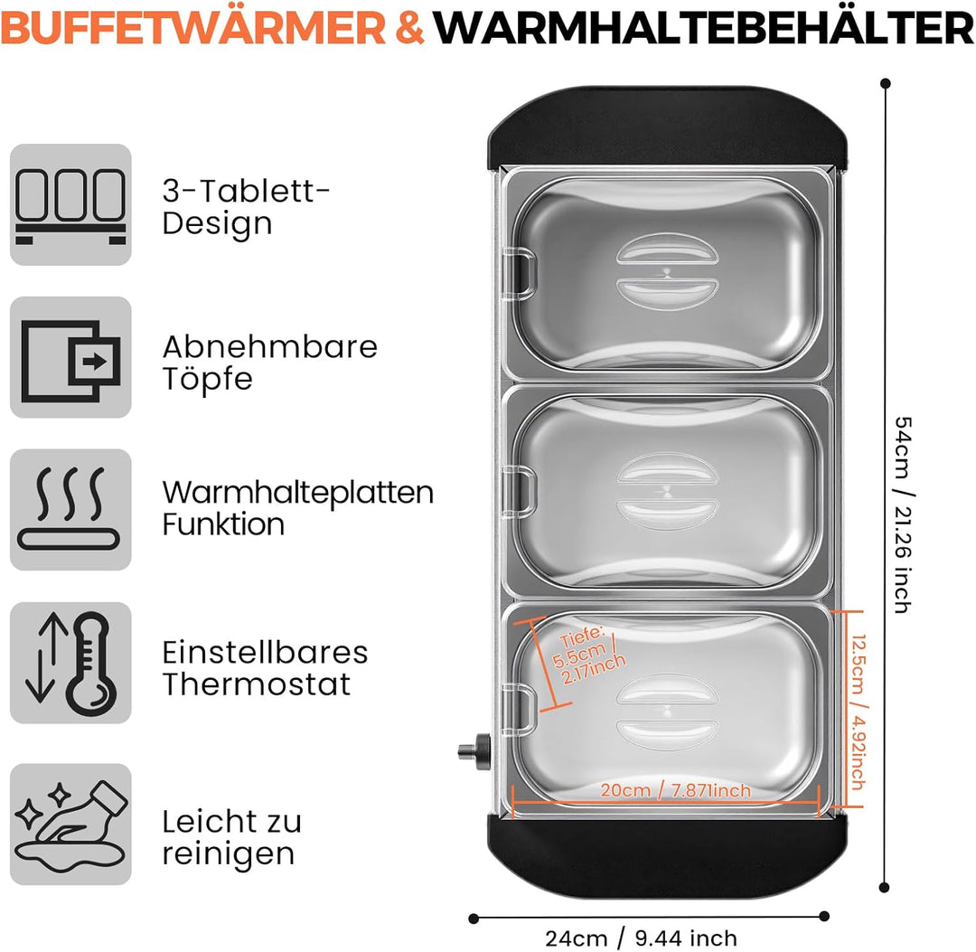 2in1 Warmhalteplatte und Buffetwärmer aus Edelstahl 200W mit 3x1,5L Speisebehältern Gleichmässige Wä