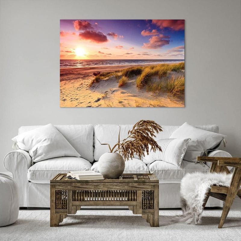 Bilder auf Leinwand 100x70cm Leinwandbild mit Rahmen Meer Strand Düne Gross Wanddeko Bild Schlafzimm