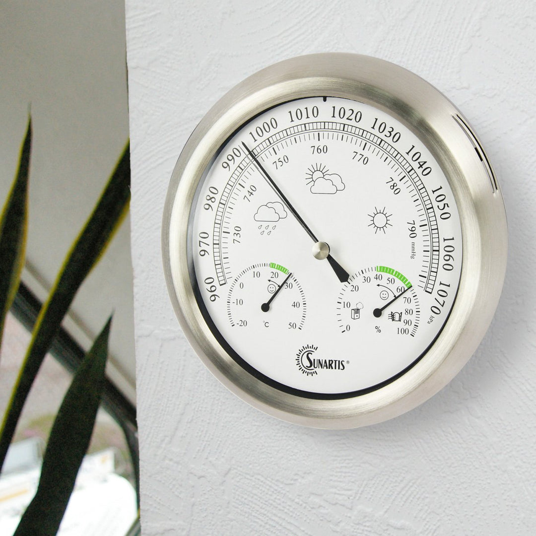 Sunartis THB367 Aussenwetterstation mit Edelstahlrahmen und Thermo-, Hygro-, und Barometer silber 21