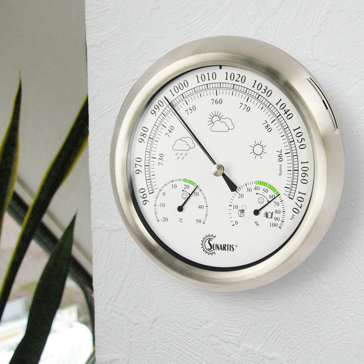 Sunartis THB367 Aussenwetterstation mit Edelstahlrahmen und Thermo-, Hygro-, und Barometer silber 21