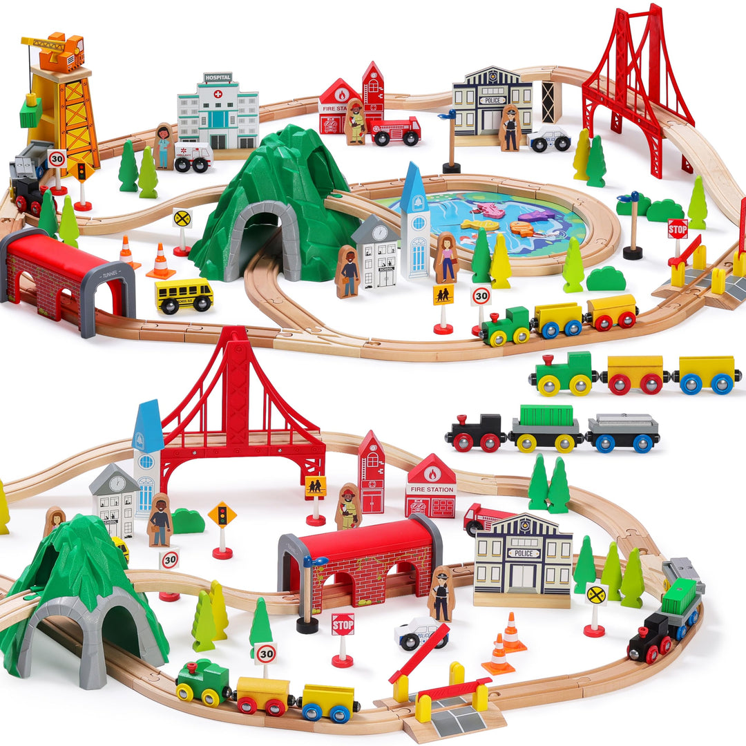 SainSmart Jr. Holzeisenbahn Set 112 Teile, Brücke &amp; Tunnel, Kompatibel Brio