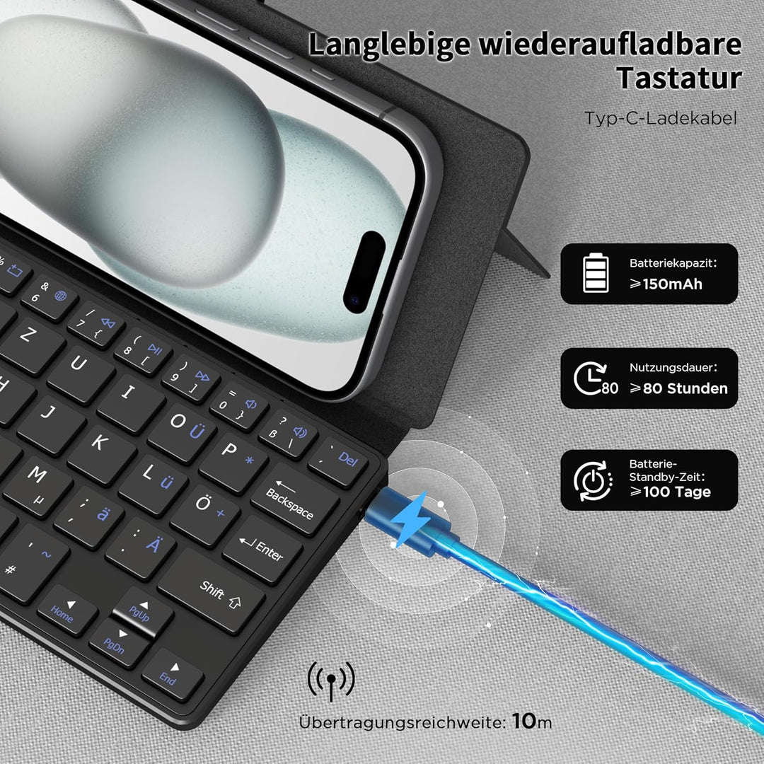 CACOE Bluetooth Tastatur mit Ständer, Mini Tastatur für Handy, Ultraflache Tragbare, Faltbare, Dual-