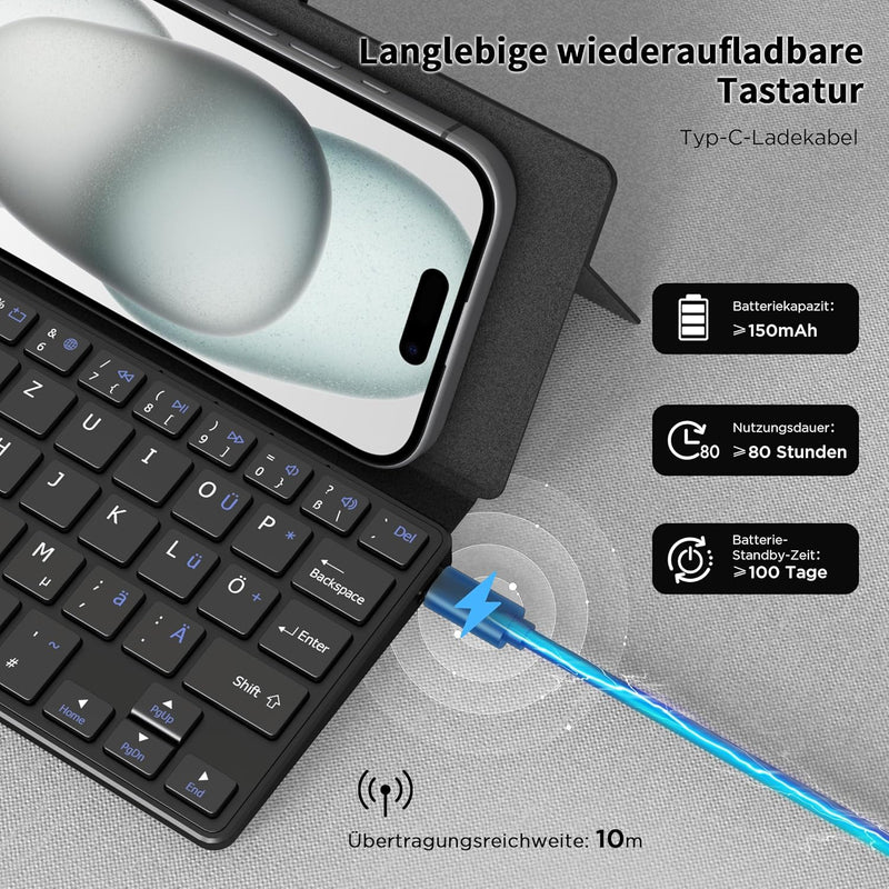 CACOE Bluetooth Tastatur mit Ständer, Mini Tastatur für Handy, Ultraflache Tragbare, Faltbare, Dual-