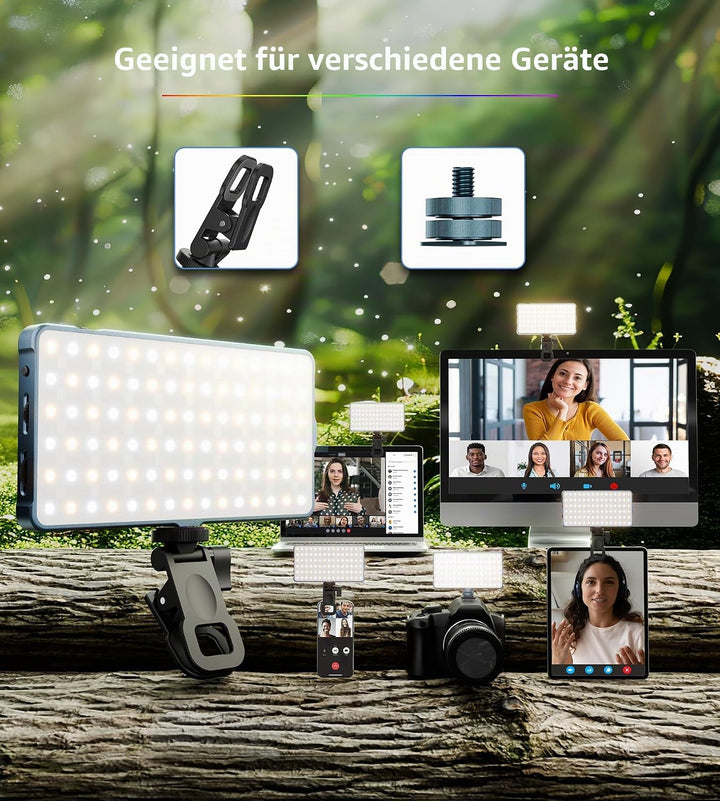 Selfie Licht mit RGB-Vollfarbe, 135 LED 4000mAh CRI96+ LED Videoleuchte mit Hotshoe und Clip,2500K-9