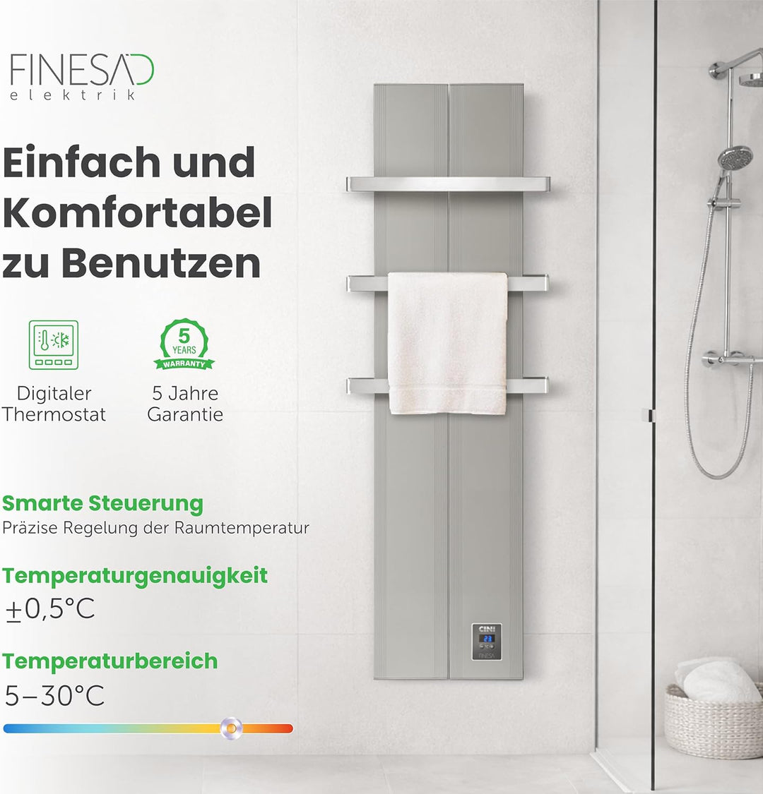 Finesa-D Badheizkörper elektrisch mit Thermostat 1500×408 mm | 1200 W – Flacher Paneel Design Handtu