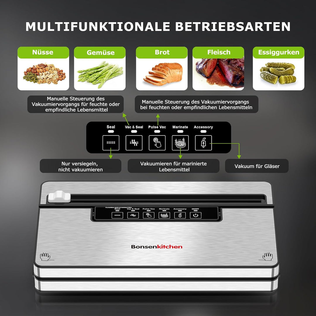 Bonsenkitchen Vakuumierer, Stark Vakuumiergerät mit 5 Modi, 8 L/Min, Globefish-Technologie für Konti