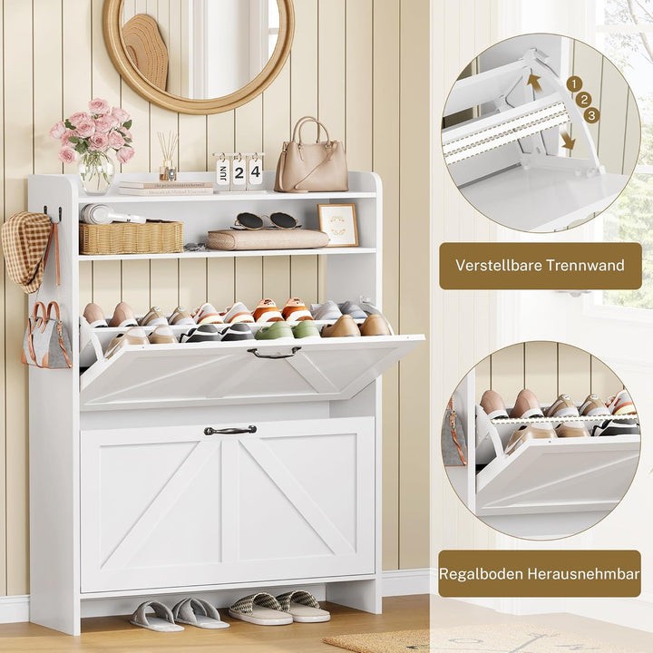 Schuhschrank mit 2 Klappen, Schuhkipper, Schuhschrank Schmal mit Trennwände verstellbar und abnehmba