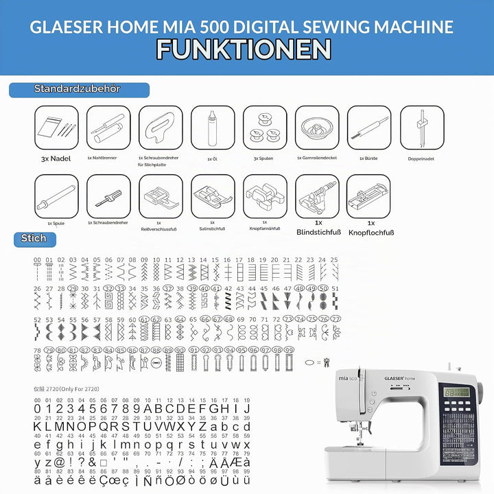GLAESER Digitale Nähmaschine Home mia 500 300 Stich-Varianten Doppelnadel LED Display Einklappbarer