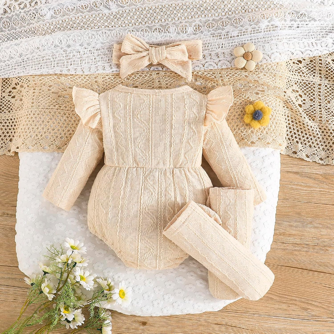 Kunyeah 3Pcs Baby Mädchen Outfits Kleinkind Ruffle Strampler Langarm Bodysuit+Bow Haarband+Socken Ne
