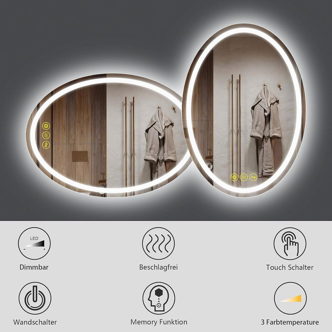 AI-LIGHTING LED Badspiegel mit Beleuchtung Oval 50x70 cm Badezimmerspiegel mit Licht 3 Lichtfarben/B