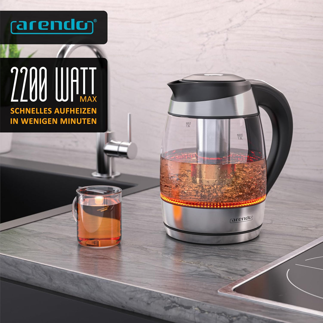 Arendo - Glas Wasserkocher mit Temperatureinstellung - mit Teesieb - Kabellos - 2200 W - 1,8L – Über