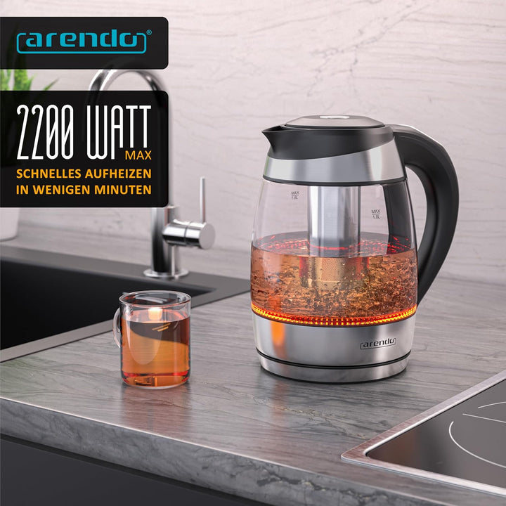 Arendo - Glas Wasserkocher mit Temperatureinstellung - mit Teesieb - Kabellos - 2200 W - 1,8L – Über