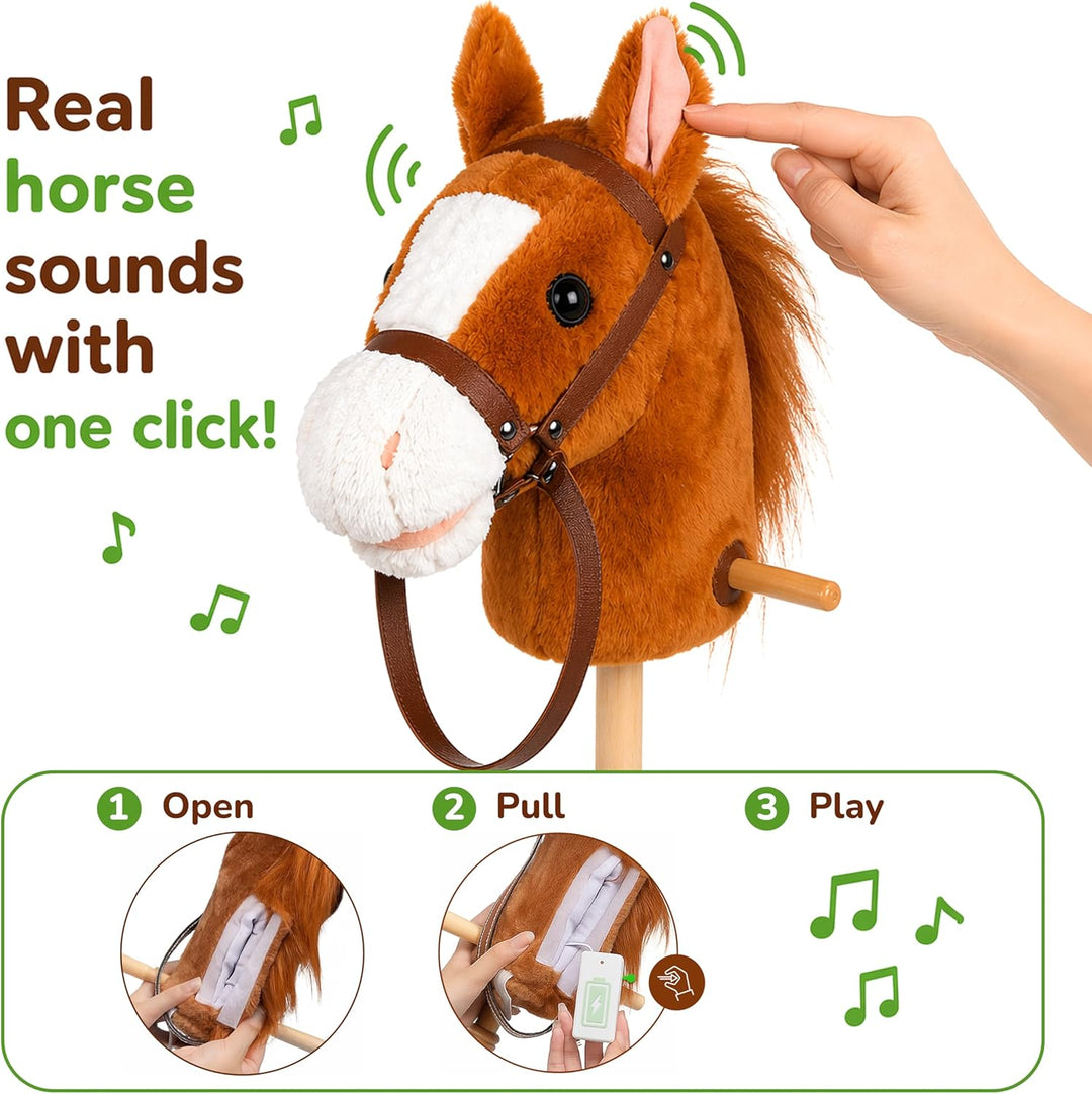 CELMAN Hobby Horse - Steckenpferd Braun A4 mit Zaumzeug und Sound - Geräuscheffekt durch Ohrdruck -