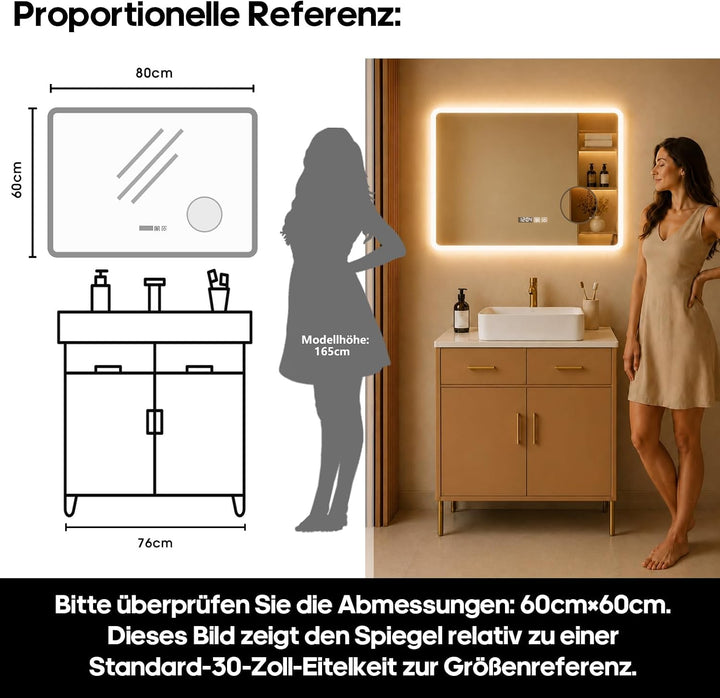 Badspiegel mit Beleuchtung, 60 x 80 cm Zeit anzeigen 3 Farben Dimmbar | Spiegel mit LED Licht Anti N