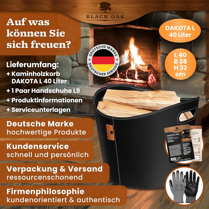 BLACK OAK DAKOTA L 40L Holzkorb für Kaminholz - Kunstleder schwarz 30kg Traglast - 40 Liter 40x38x32