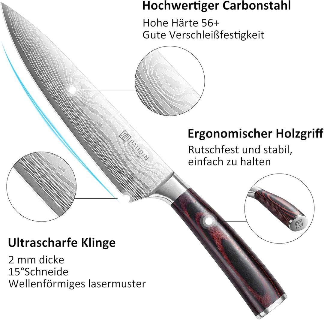 PAUDIN Küchenmesser Set, 3-tlg Messerset aus hochwertigem Carbon Edelstahl, Ultra Scharfes Messer se