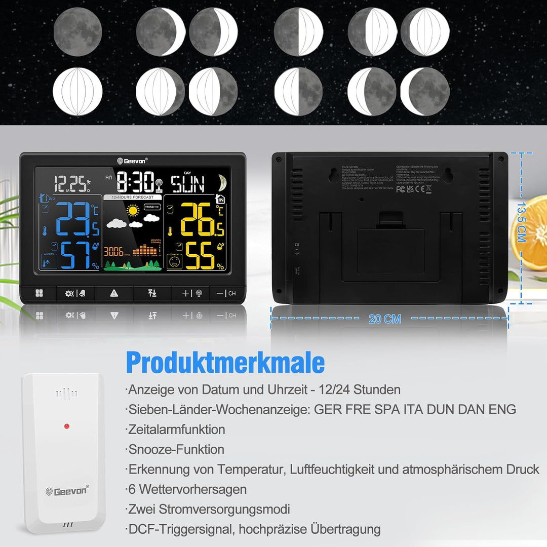 Geevon Wetterstation Funk mit Aussensensor, DCF-Funkuhr, Grosses LCD 350° Ablesewinkel für Innen und