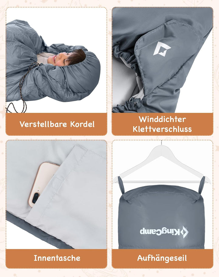 KingCamp Schlafsack Mumienschlafsäcke mit Kapuze 3-4 Jahreszeiten Warmer für Kinder & Erwachsenen be