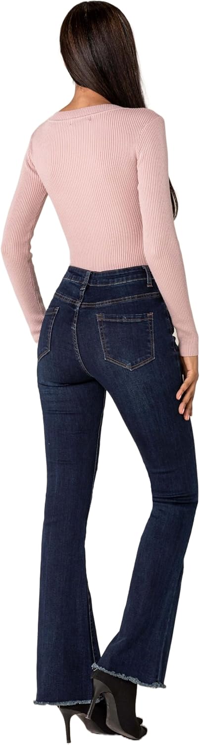 Nina Carter Damen Bootcut Jeans im Retro-Stil Mid Waist Stretchjeans Jeanshosen Used-Look Schlaghose