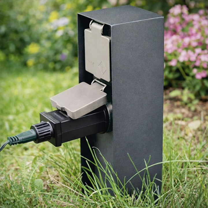 LED Universum Gartensteckdose aus Edelstahl, IP44 für aussen, 23cm (Anthrazit 2-fach), Anthrazit 2-f