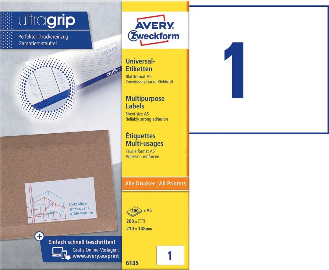 AVERY Zweckform 6135 Universal Etiketten (200 Klebeetiketten, 210x148mm auf A5, Papier matt, bedruck