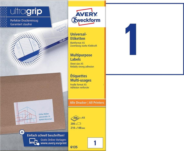 AVERY Zweckform 6135 Universal Etiketten (200 Klebeetiketten, 210x148mm auf A5, Papier matt, bedruck