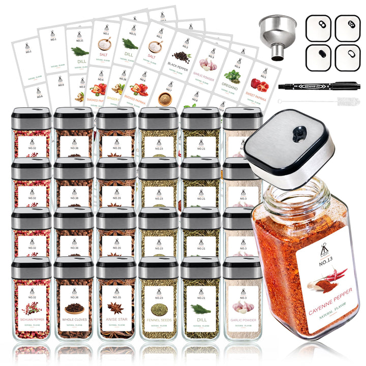 24-tlg. Gewürzgläser Set 120 ml, Luftdichte Schraubdeckel mit Streueinsatz, Gewürzdosen für Küchenor