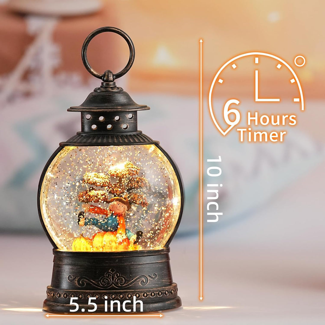 Herbst-Schneekugeln, beleuchtete Schneekugel mit Vogelscheuchen-Kürbis, 6-Stunden-Timer, USB- und ba