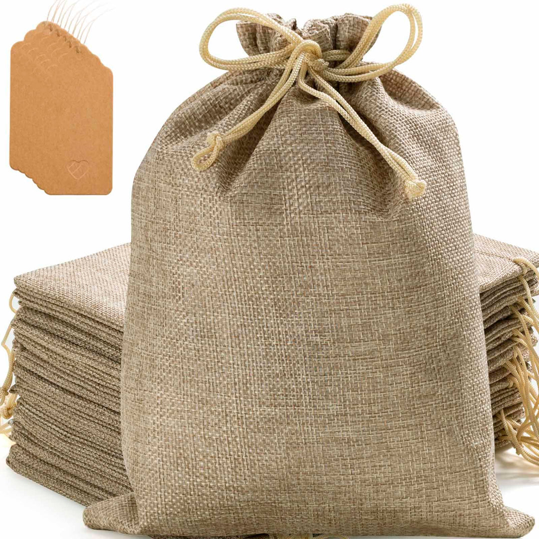25 Stück Sackleinen-Geschenkbeutel mit Kordelzug und Geschenkanhängern & Schnur, 17x22 cm Party-Favo
