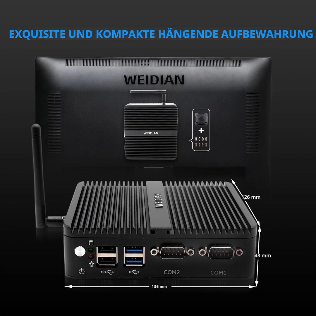 WEIDIAN Lüfterloser Mini PC Windows 10 Pro Quad Core Celeron J4125, 8GB DDR4 RAM 128G SSD, 4K HDMI/V