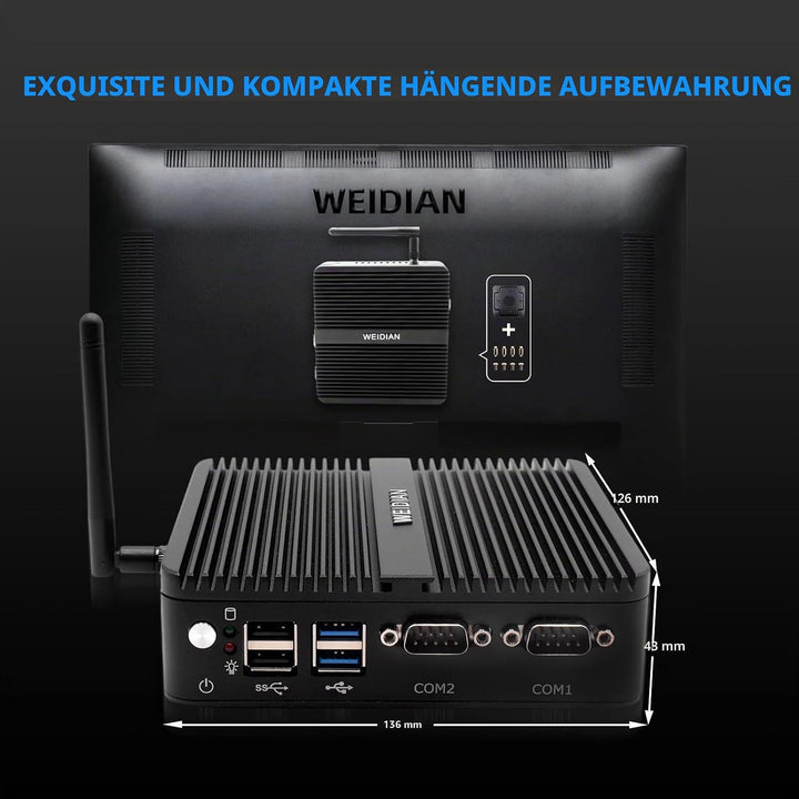 WEIDIAN Lüfterloser Mini PC Windows 10 Pro Quad Core Celeron J4125, 8GB DDR4 RAM 128G SSD, 4K HDMI/V