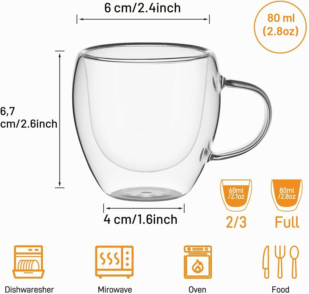 Espressotassen 80ml, 4er Set Espresso Gläser, doppelwandige Espressotassen Glas mit Henkel Kaffeetas