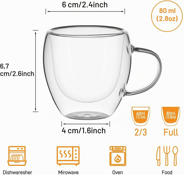 Espressotassen 80ml, 4er Set Espresso Gläser, doppelwandige Espressotassen Glas mit Henkel Kaffeetas
