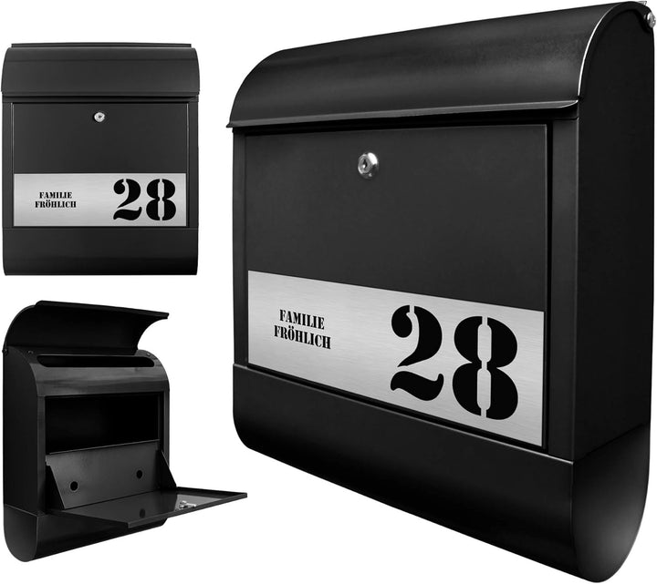banjado® Briefkasten personalisiert mit graviertem Namensschild in Silber/Briefkasten schwarz 39x47x