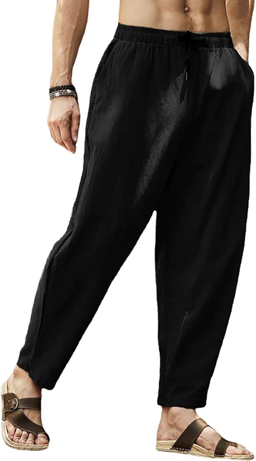 Leinenhose Herren Sommerhose Herren Leicht Yogahose Freizeithose mit Elastische Gürtel XXL Schwarz,