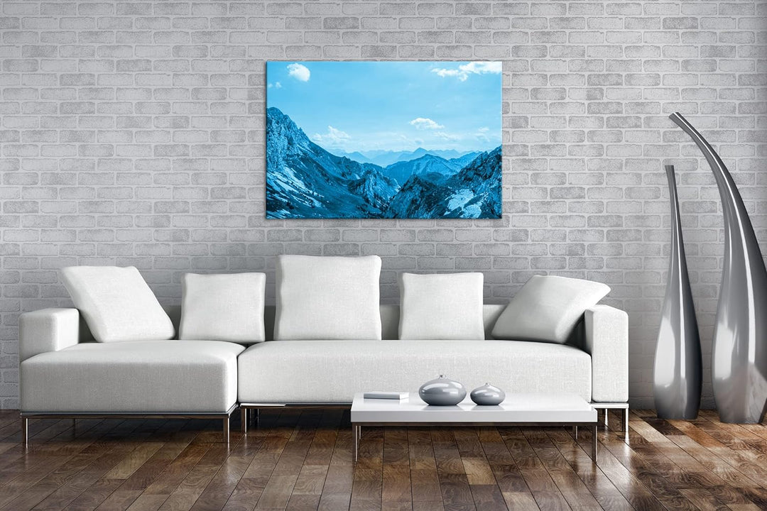 atemberaubender Ausblick in den Alpen Format 80x60 Effekt: Monocrome Blau als Leinwandbild, Motiv fe