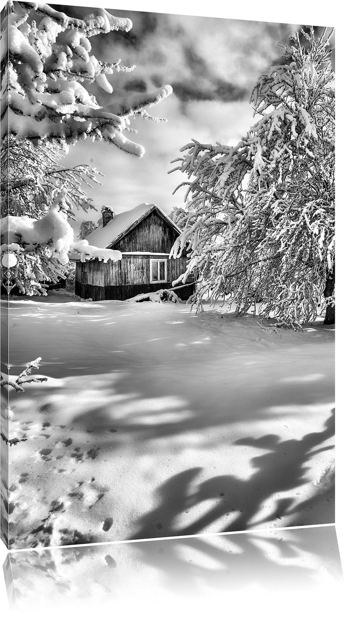Pixxprint Monocrome, Winterlandschaft mit Hütte, Format: 100x70 auf Leinwand, 100x70