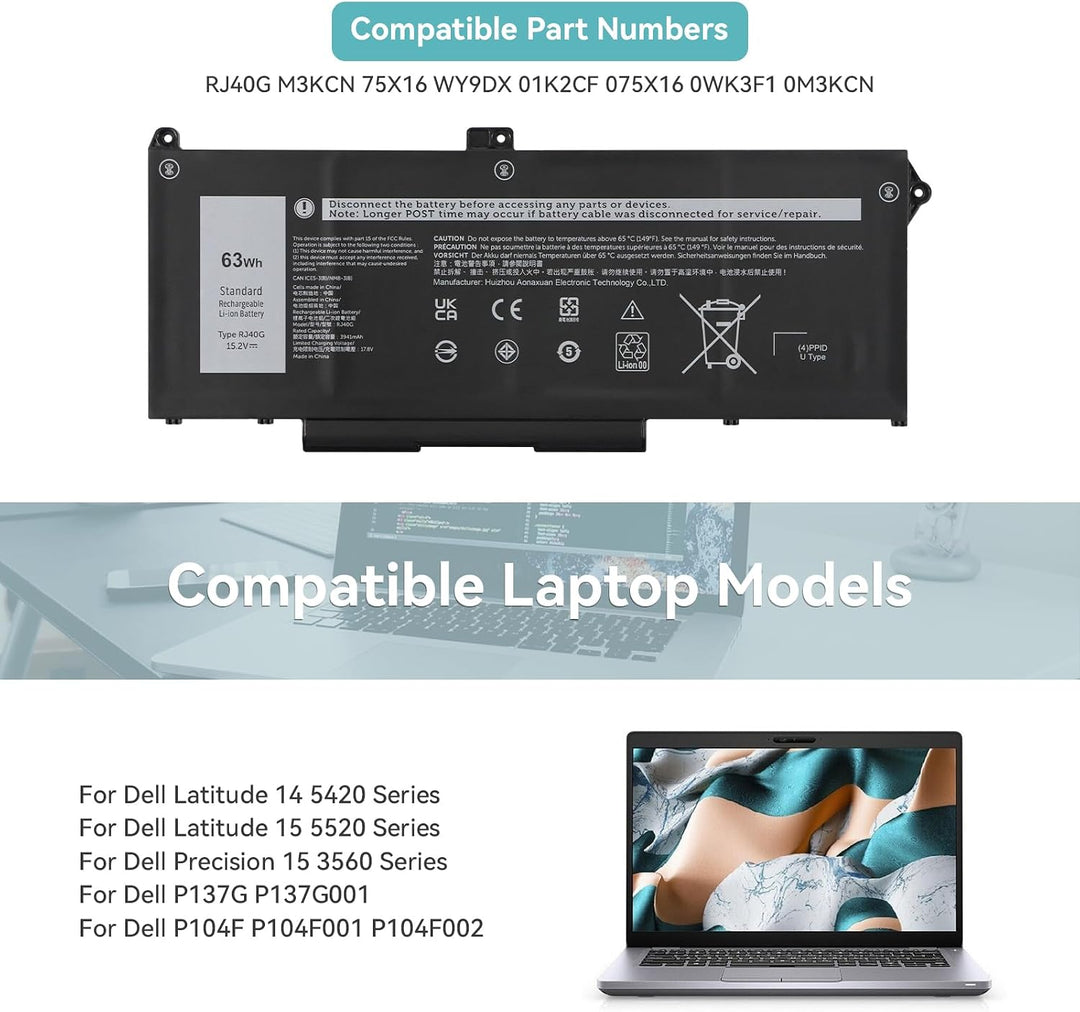 K KYUER 63Wh RJ40G Laptop Akku für Dell Latitude 14 5420 Latitude 15 5520 Precision 15 3560 Mobile W