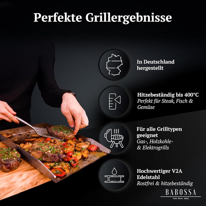 BABOSSA Grill Plancha aus V2A Edelstahl 30 x 40 cm – Erstklassige Verarbeitung & perfekte Hitzeverte
