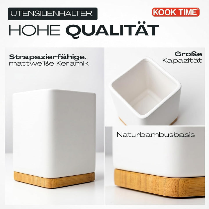 KOOK TIME Küchenutensilienhalter - Utensilienhalter küche aus keramik und Bambus - Quadratischer küc