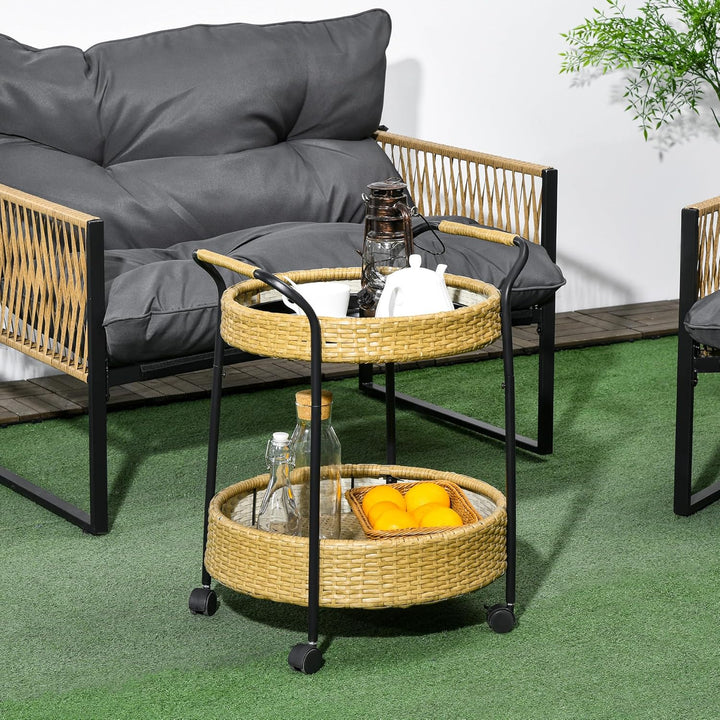 Outsunny Servierwagen Rattan Trolley mit 2 Regalen, Runde Küchenwagen, Gartenrollwagen mit Griffen,