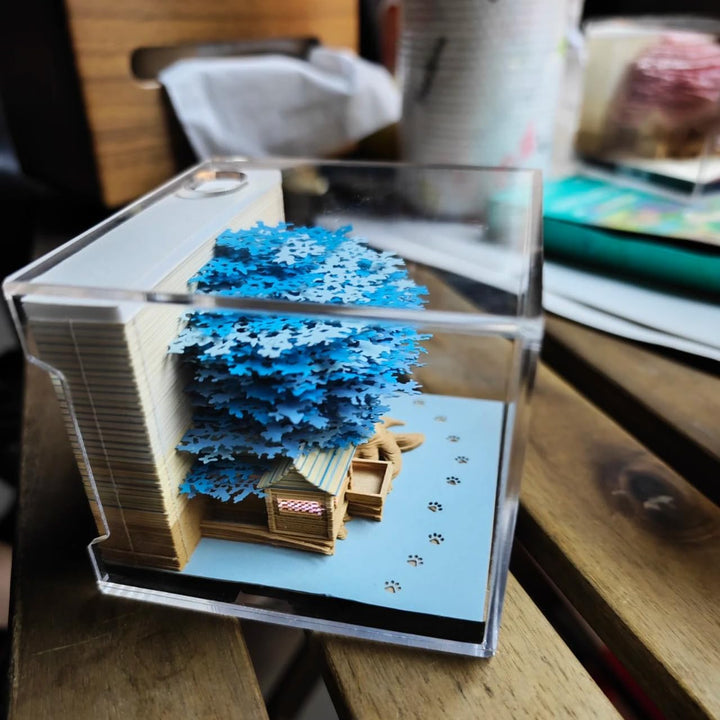 MEICHI 3D Notizblock, nicht verklebt, 3D Baumhaus (Blau) Papierkunst mit Anzeigebox glasklar, 9 x 9