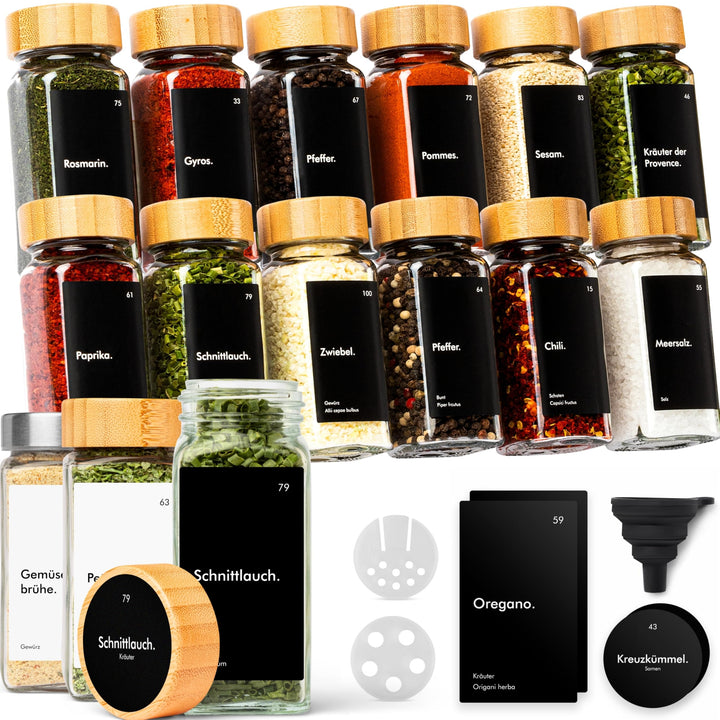 KIVY Gewürzgläser mit Streueinsatz [12x 120ml] + 120 Wasserfeste Label - Luftdichte Gewürzgläser eck